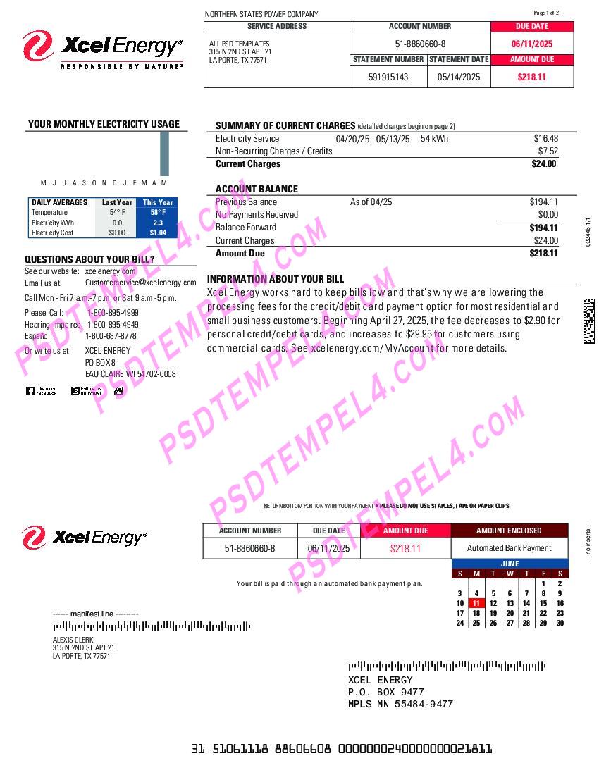 USA Texas 1Xcel Energy 2Pages utility bill