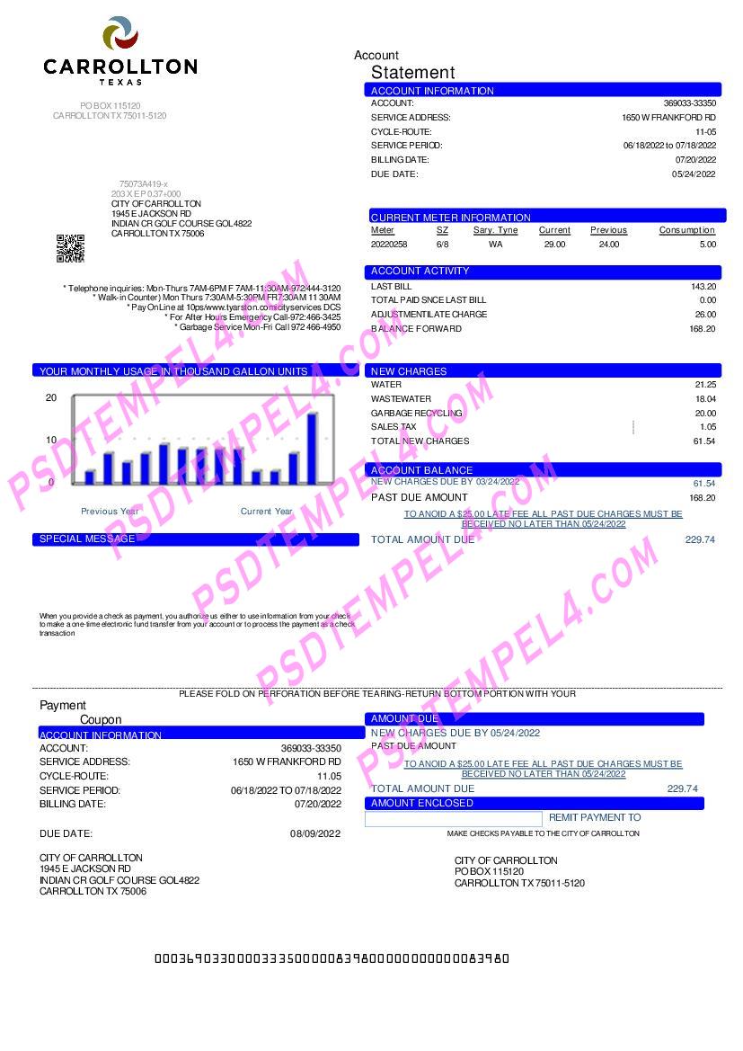 USA Texas Carrollton utility bill