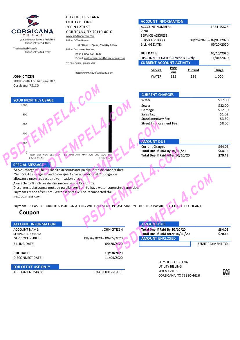 USA Texas City of Corsicana utility bill