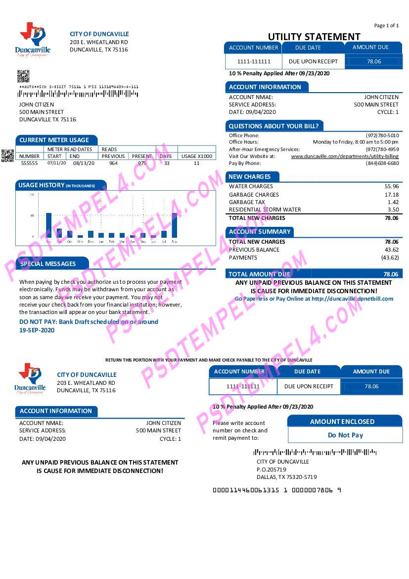USA Texas City of Duncanville water, sewer, garbage utility bill