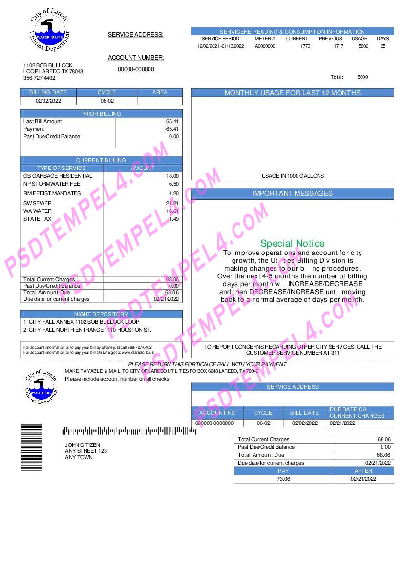 USA Texas City of Laredo Utilities Department water utility bill