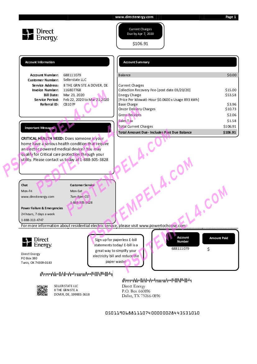 USA Texas Direct Energy utility bill