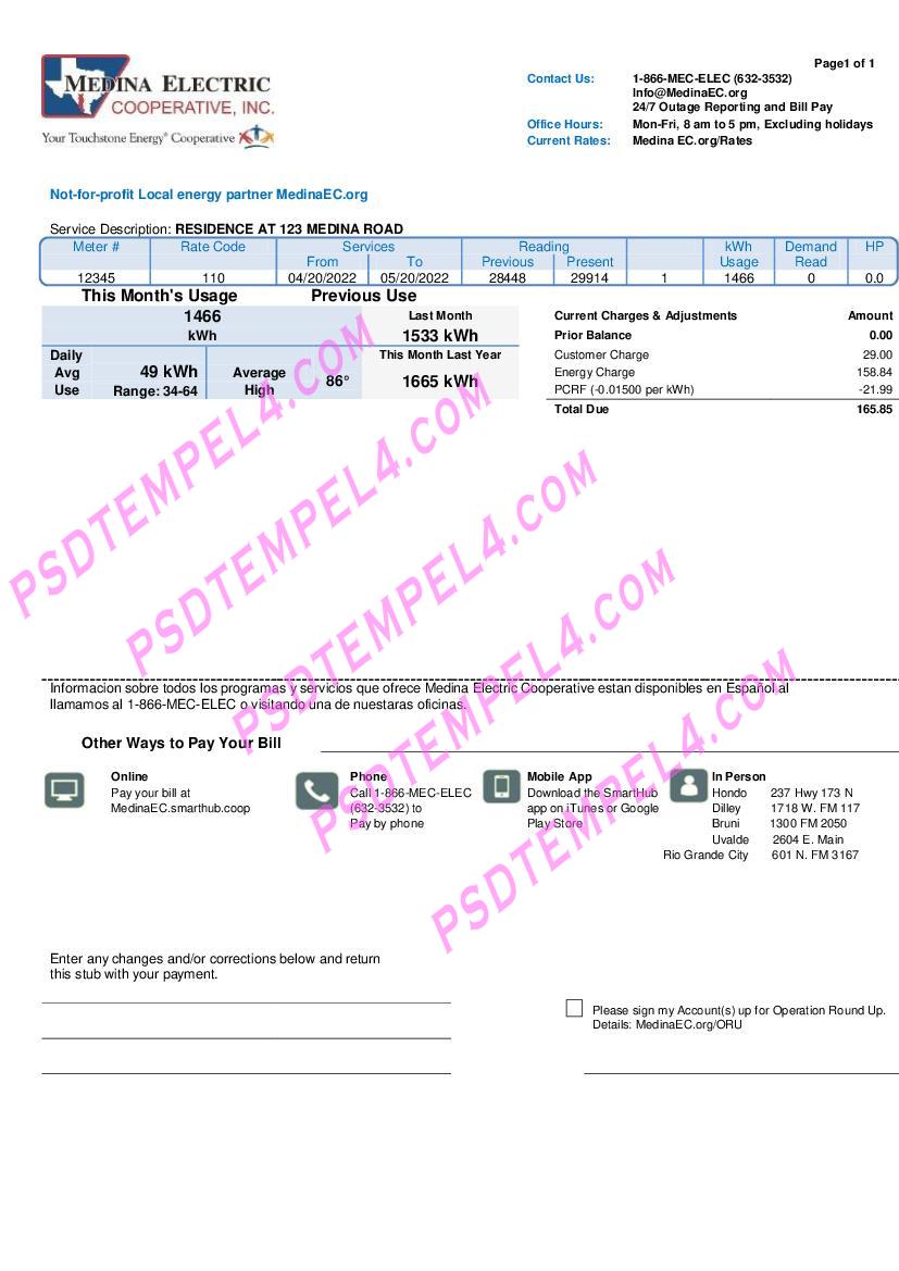 USA Texas Medina Electric utility bill
