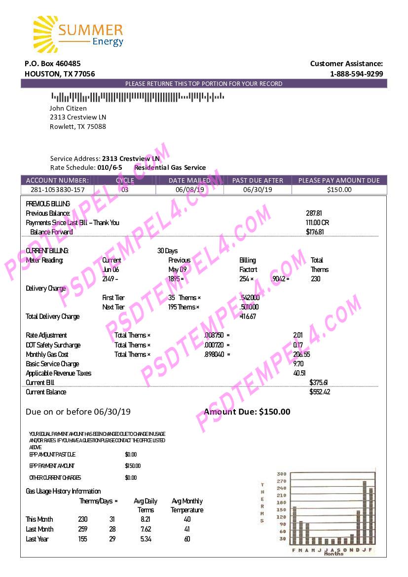 USA Texas Summer Energy utility bill