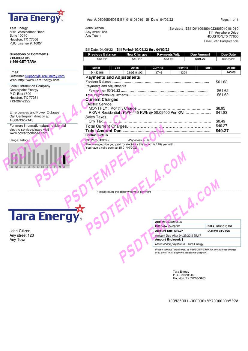 USA Texas Tara Energy utility bill