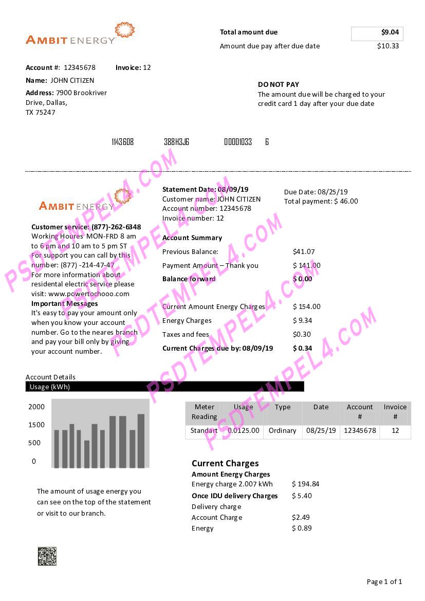 USA Texas ambit energy utility bill