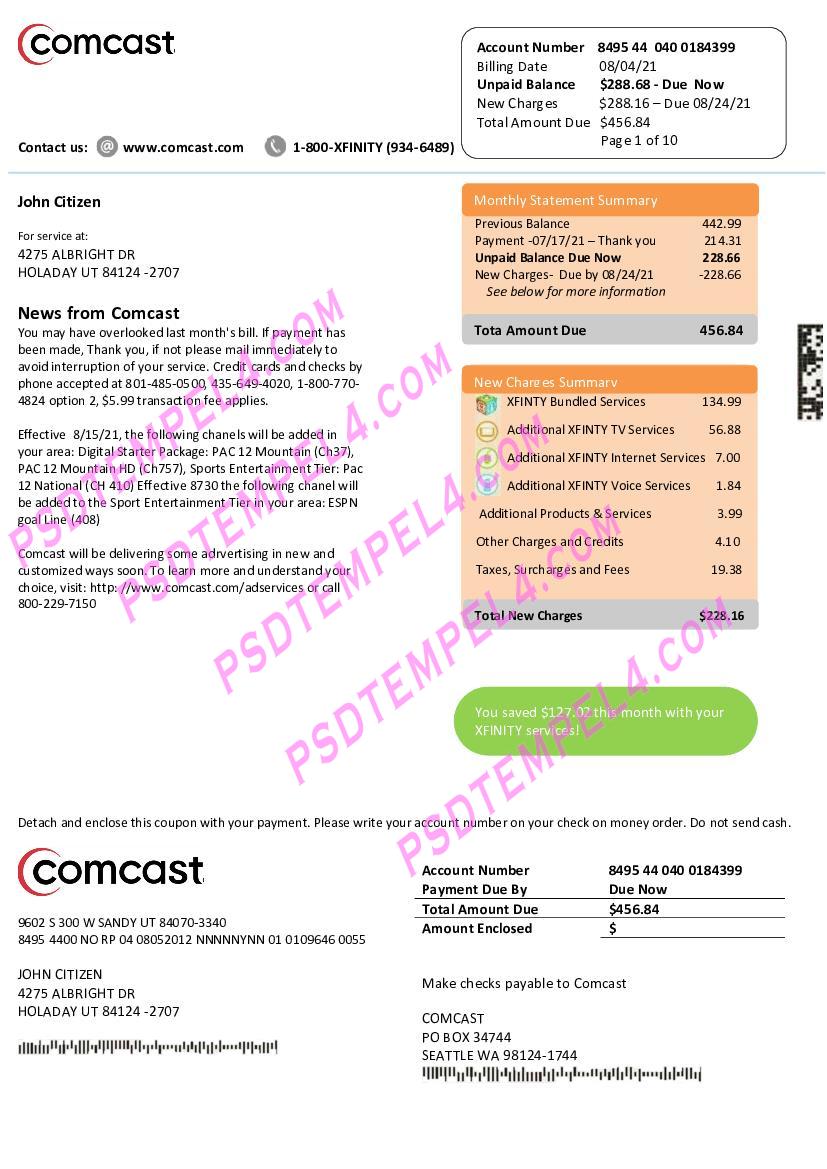 USA Utah Comcast utility bill V1