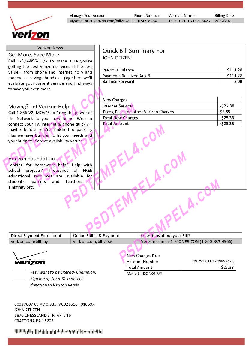 USA Verizon utility bill