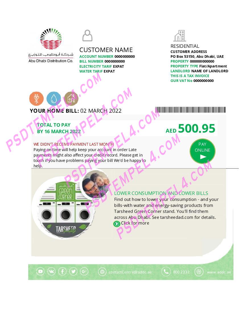 United Arab Emirates Abu Dhabi Distribution Co utility bill