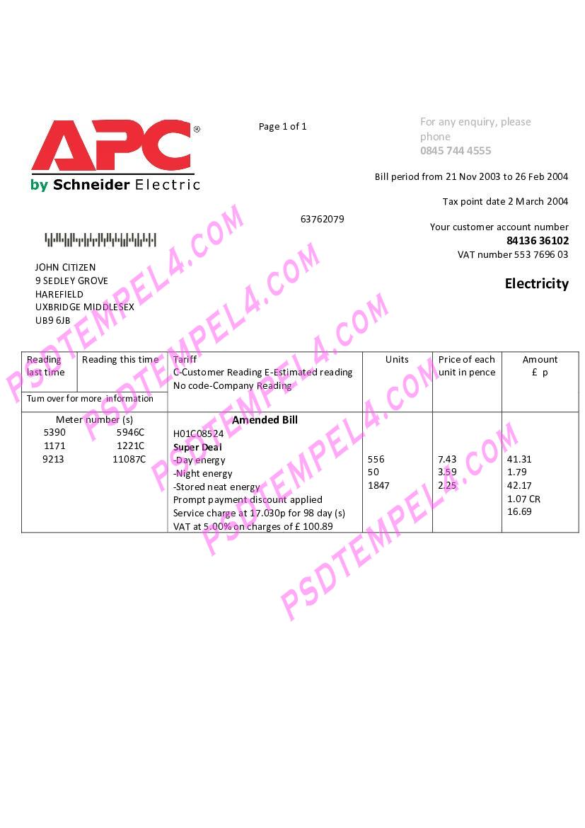 United Kingdom APC electricity utility bill