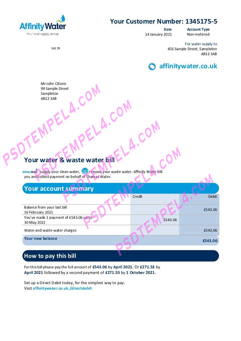 United Kingdom Affinity Water utility billU