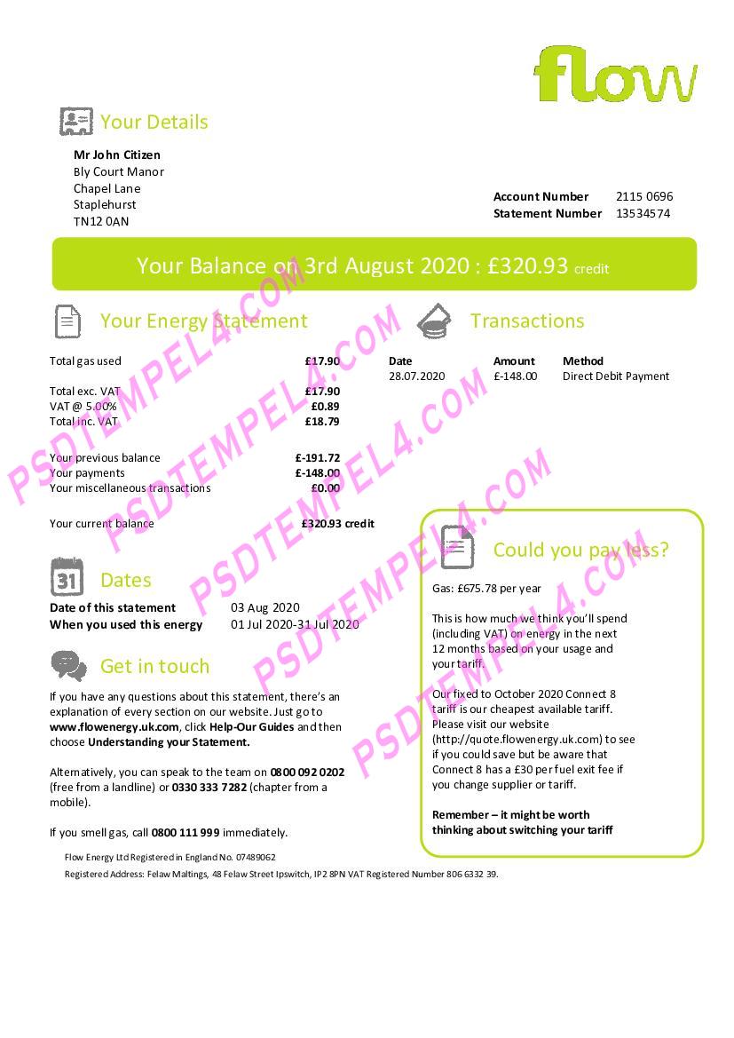 United Kingdom Flow Energy utility bill