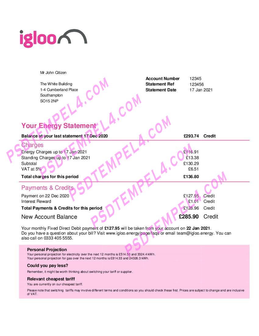United Kingdom Igloo Energy utility bill