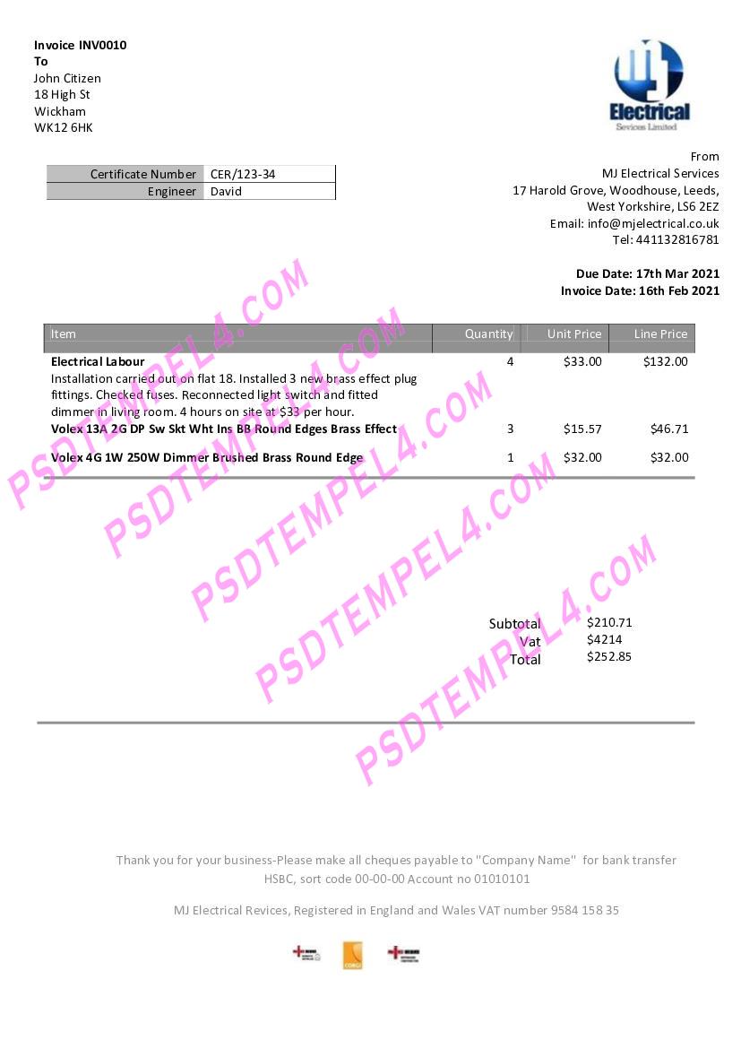 United Kingdom MJ Electrical proof of address utility billUK M