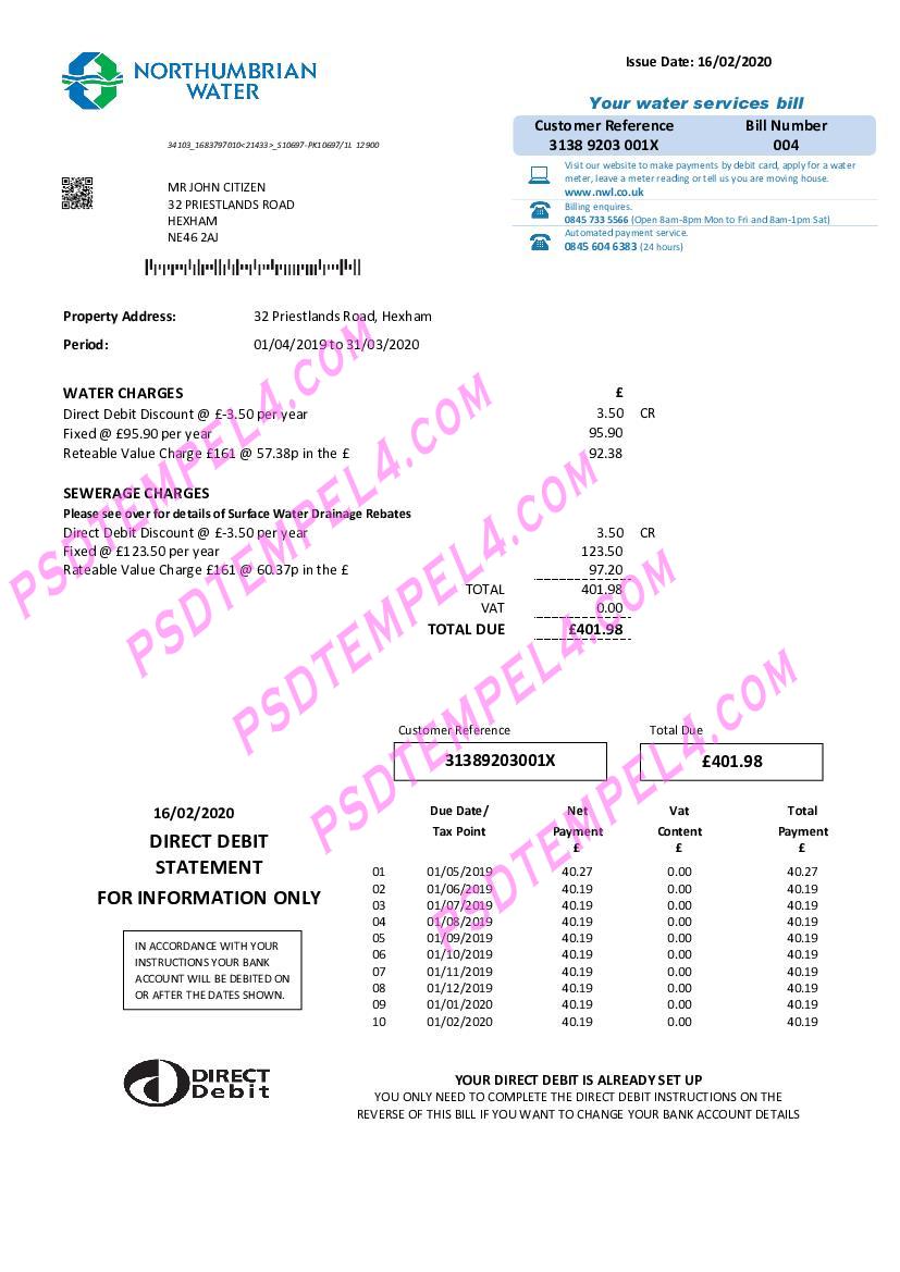 United Kingdom Northumbrian Water 1 utility billUK