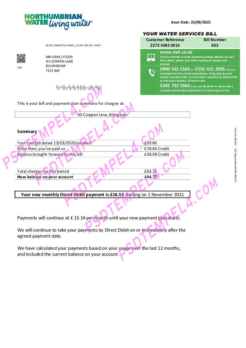 United Kingdom Northumbrian Water utility billUnit