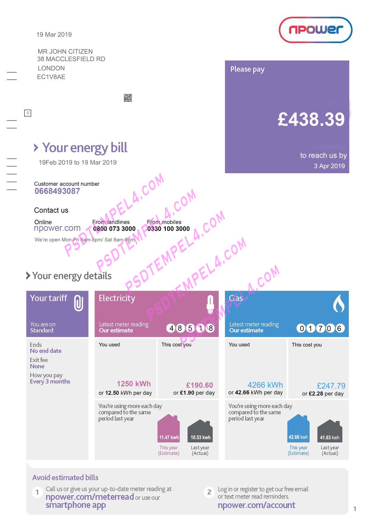 United Kingdom Npower PSD utility bill