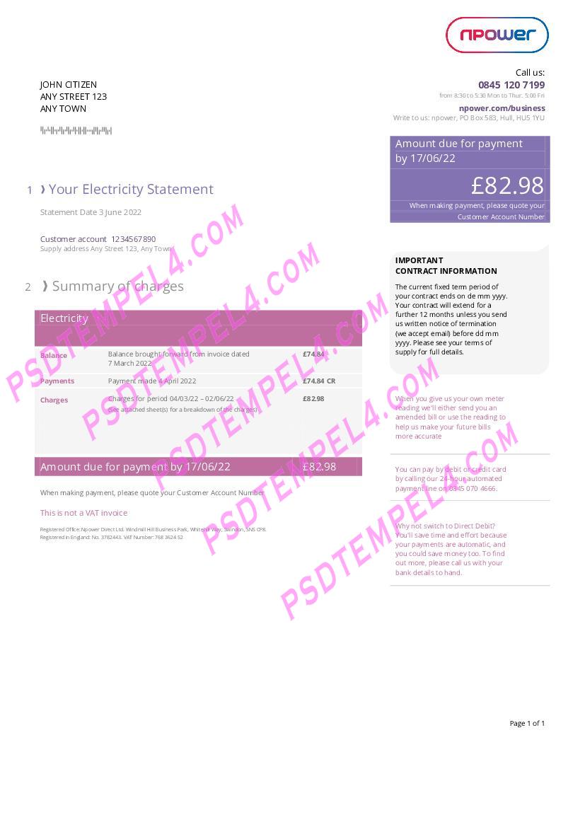 UK United Kingdom Npower utility bill
