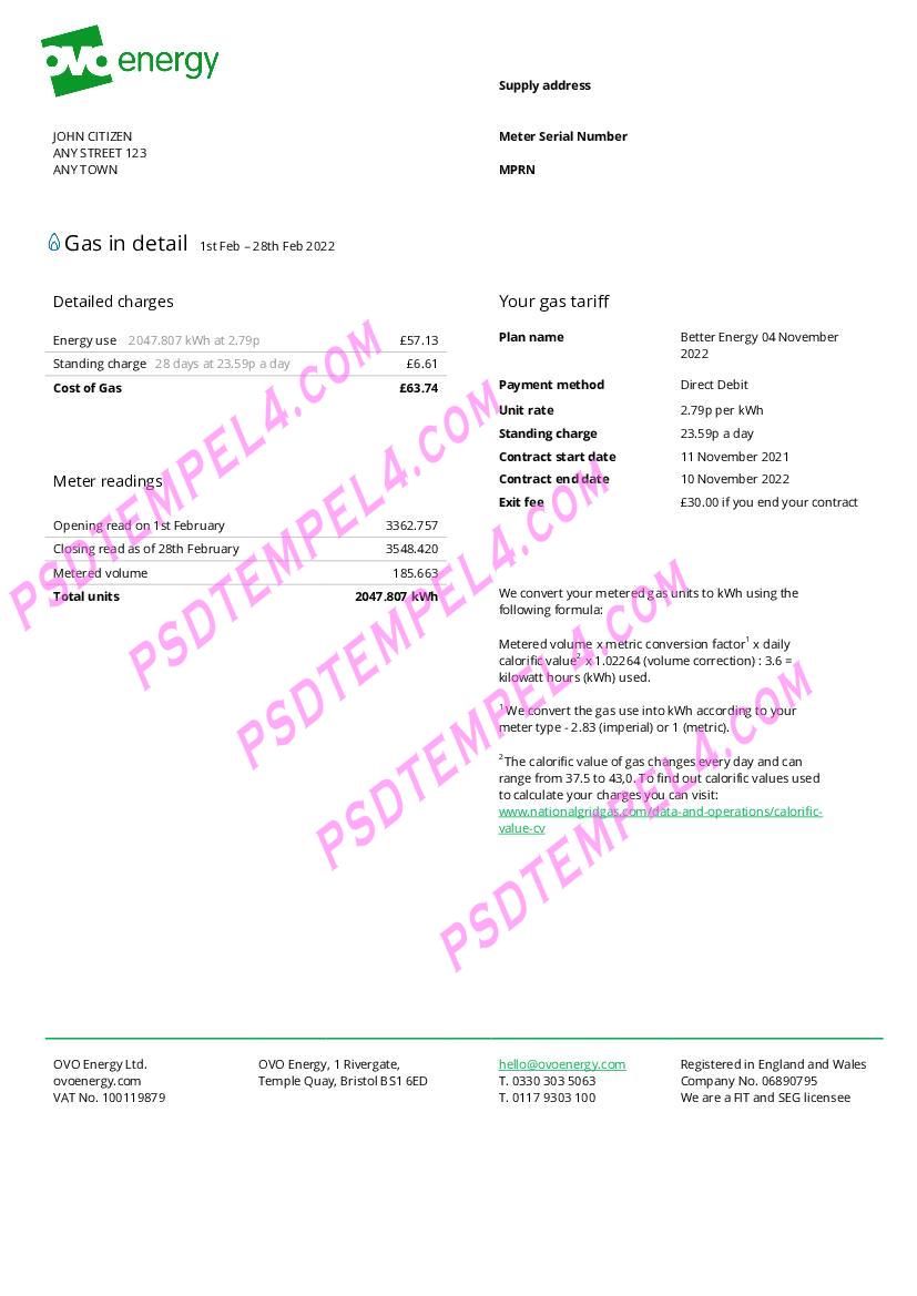 United Kingdom Ovo Energy utility bill