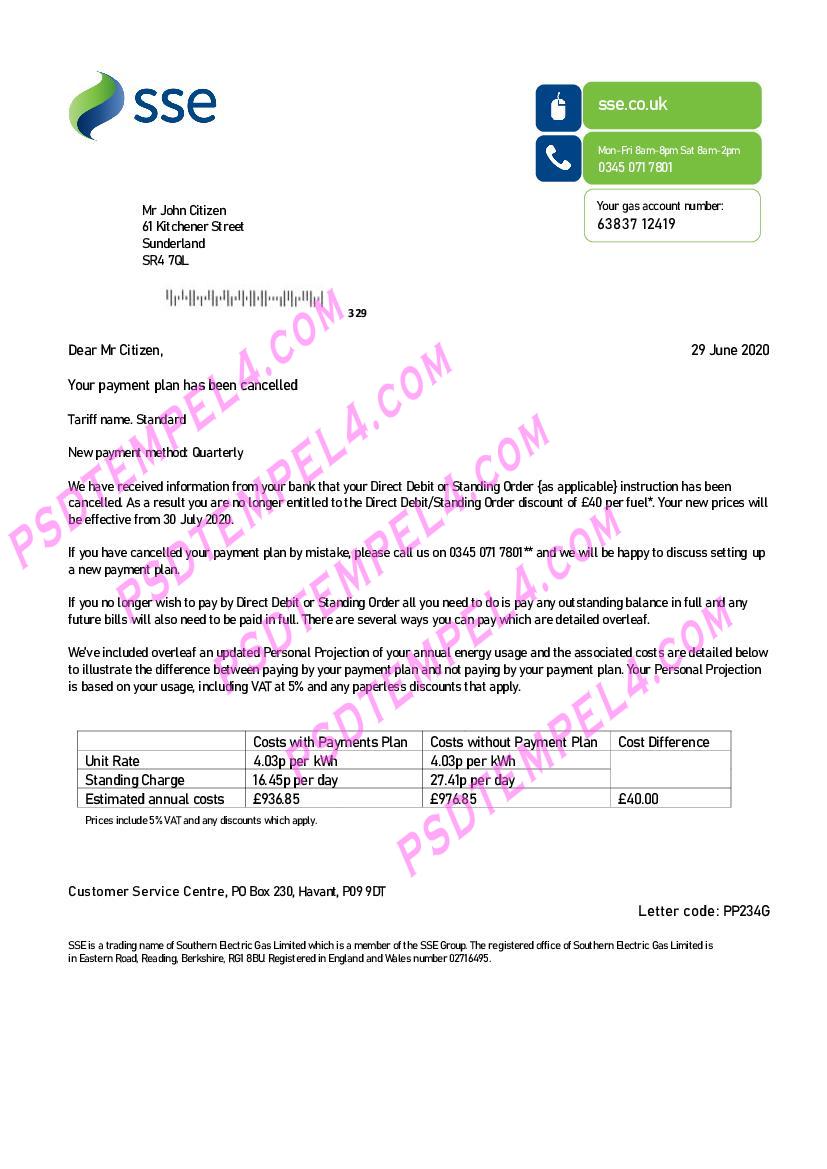 United Kingdom SSE Energy V1 utility bill
