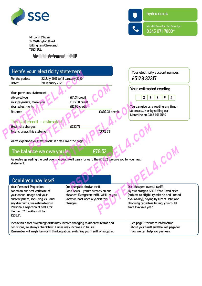 United Kingdom SSE Energy V3 utility bill