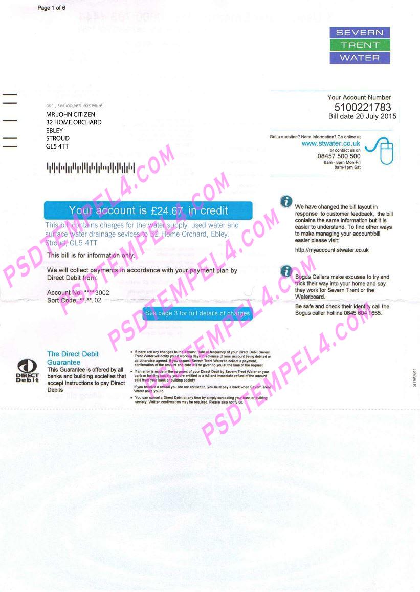 United Kingdom Severn Trent Water PSD utility billSev