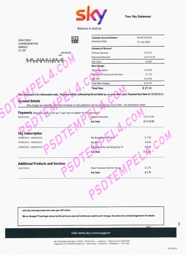 United Kingdom Sky PSD utility bill