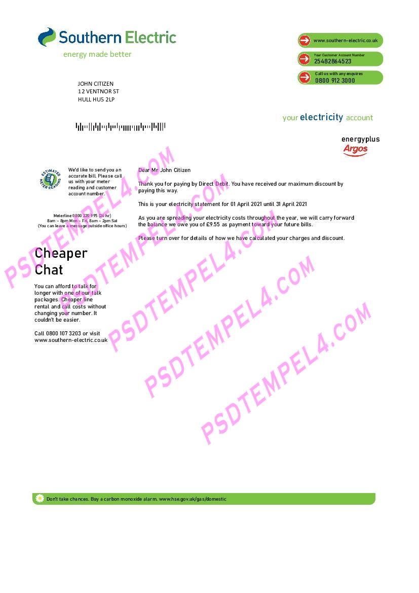 United Kingdom Southern Electric proof of address utility bill