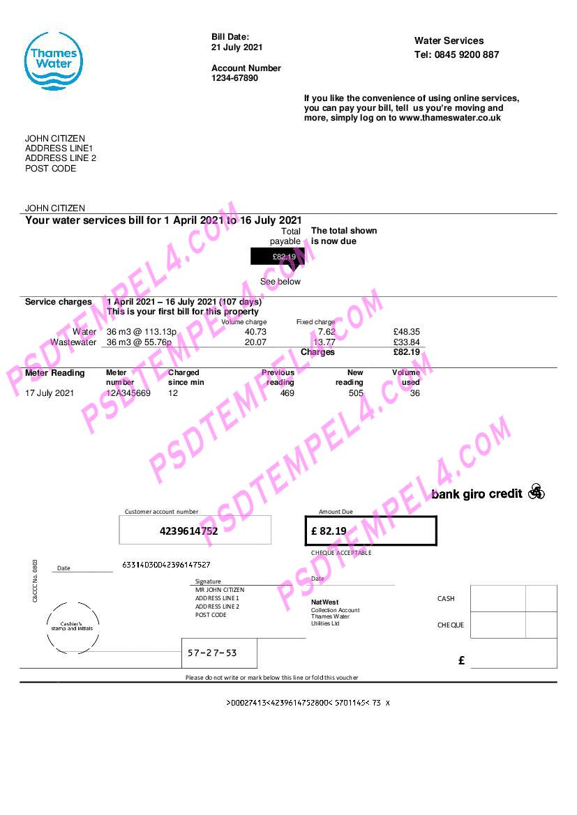 UK United Kingdom Thames Water utility bill