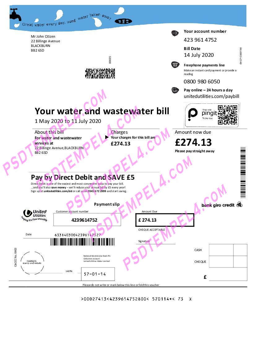 United Kingdom United Utilities water utility bill