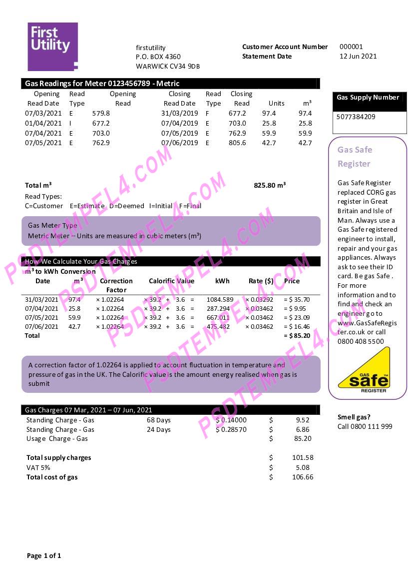 United Kingdom Warwick First utility bill
