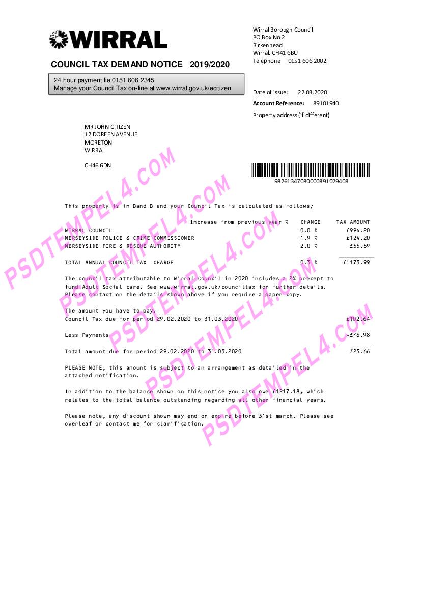 United Kingdom Wirral council tax utility bill