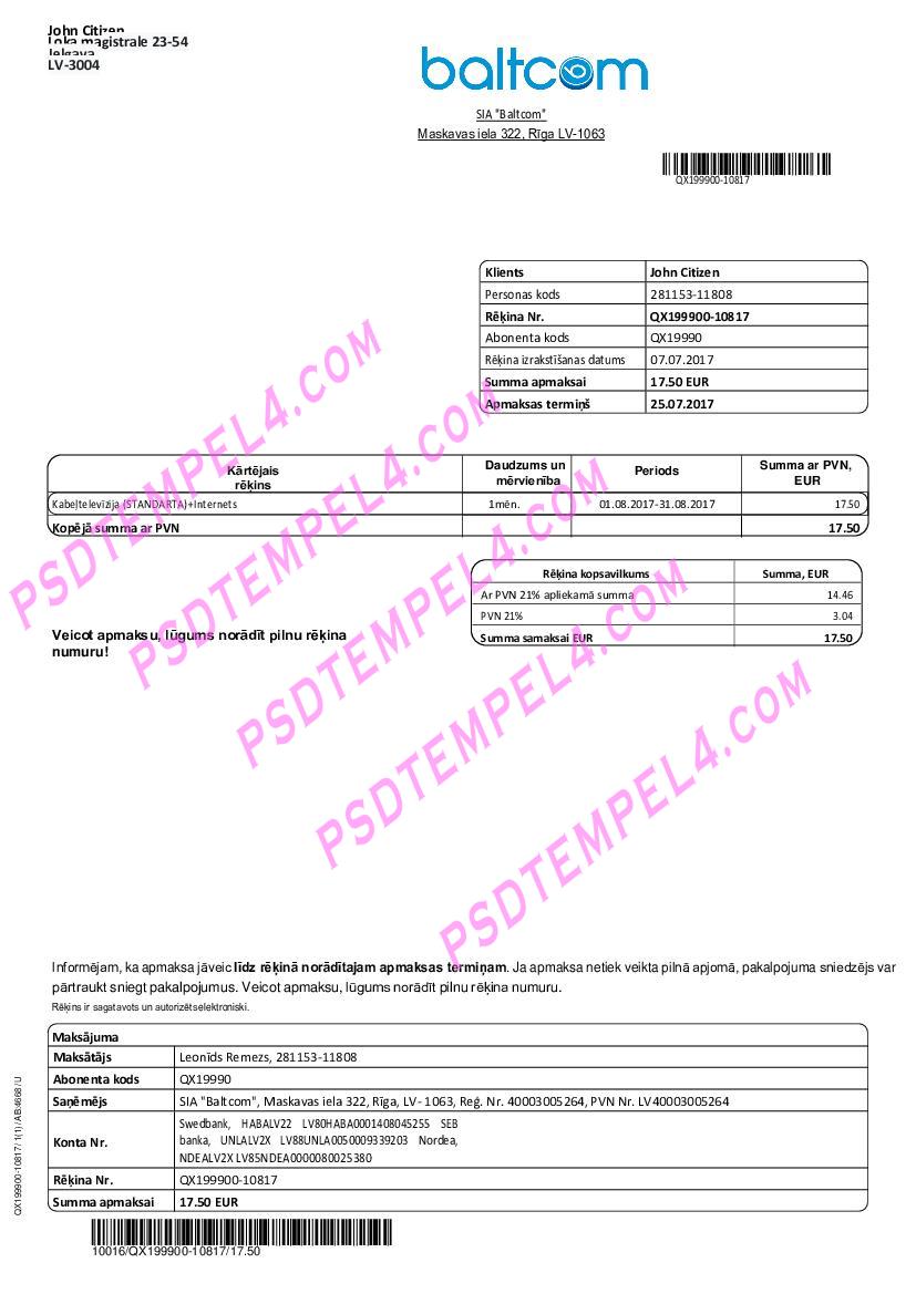 latvia baltcom telecommunications latvi version utility bill