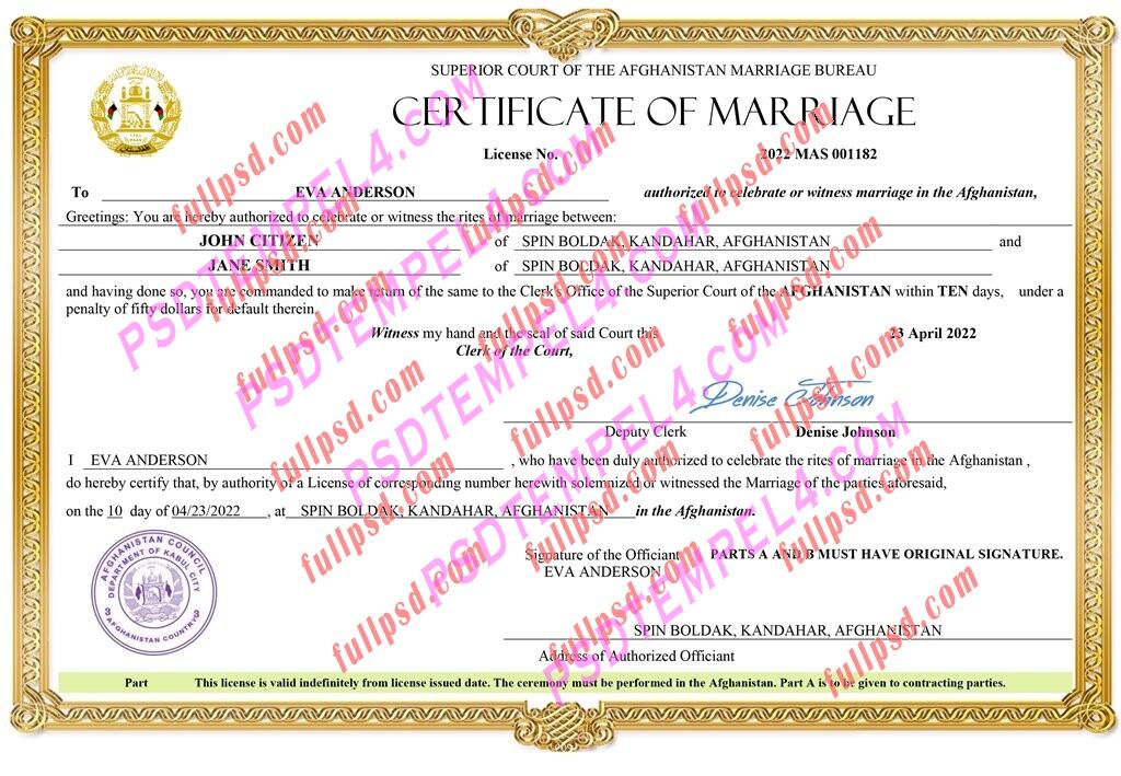 Afghanistan marriage certificate pdf and word
