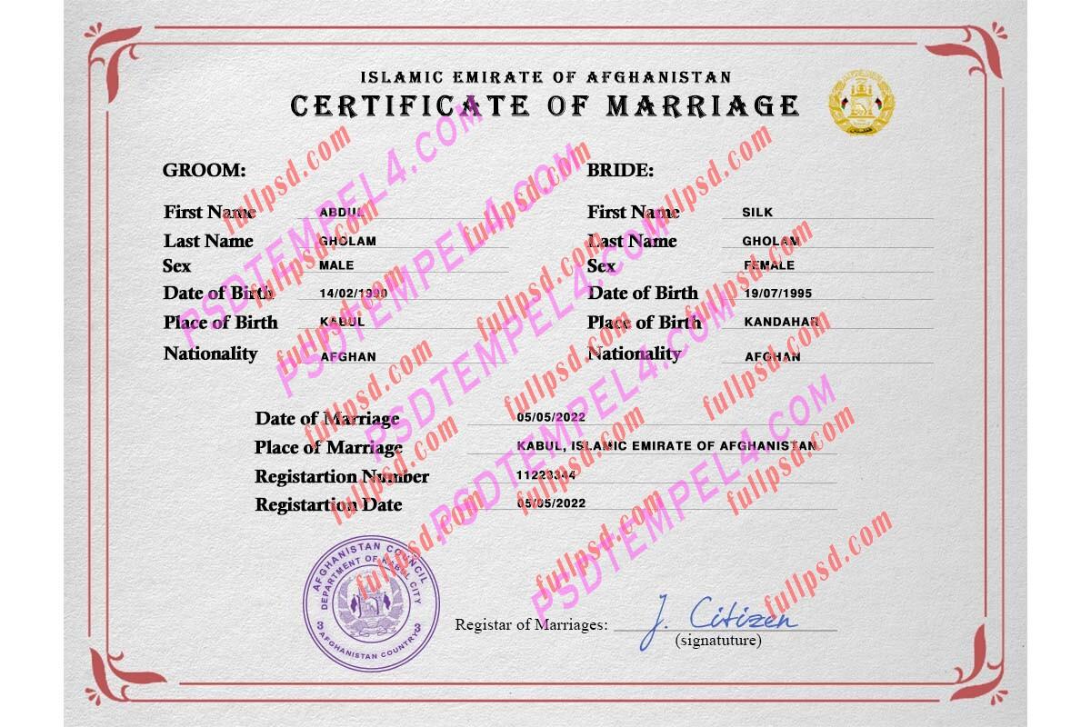 Afghanistan marriage certificate psd