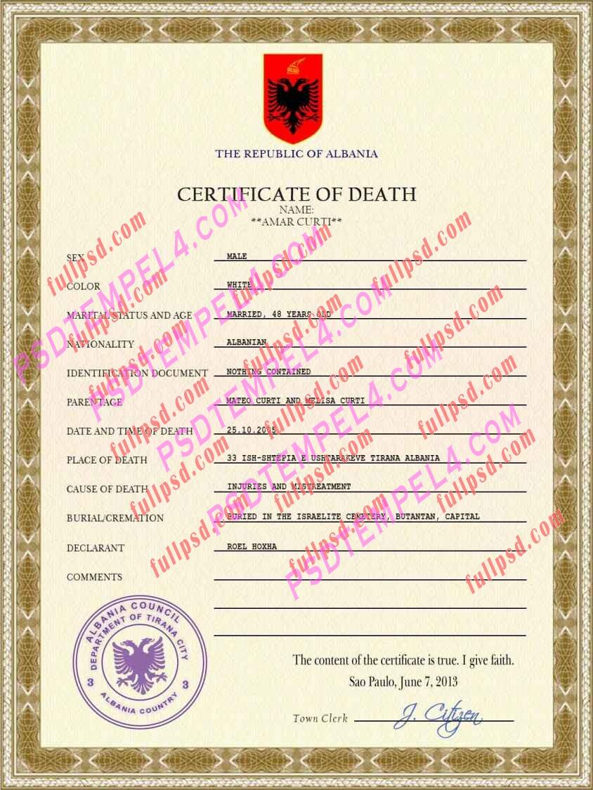 Albania death certificate V2 psd