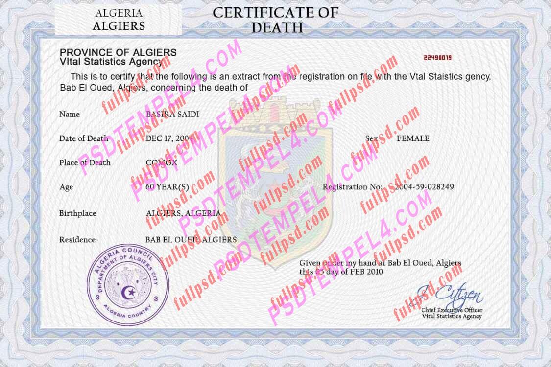 Algeria death certificate psd