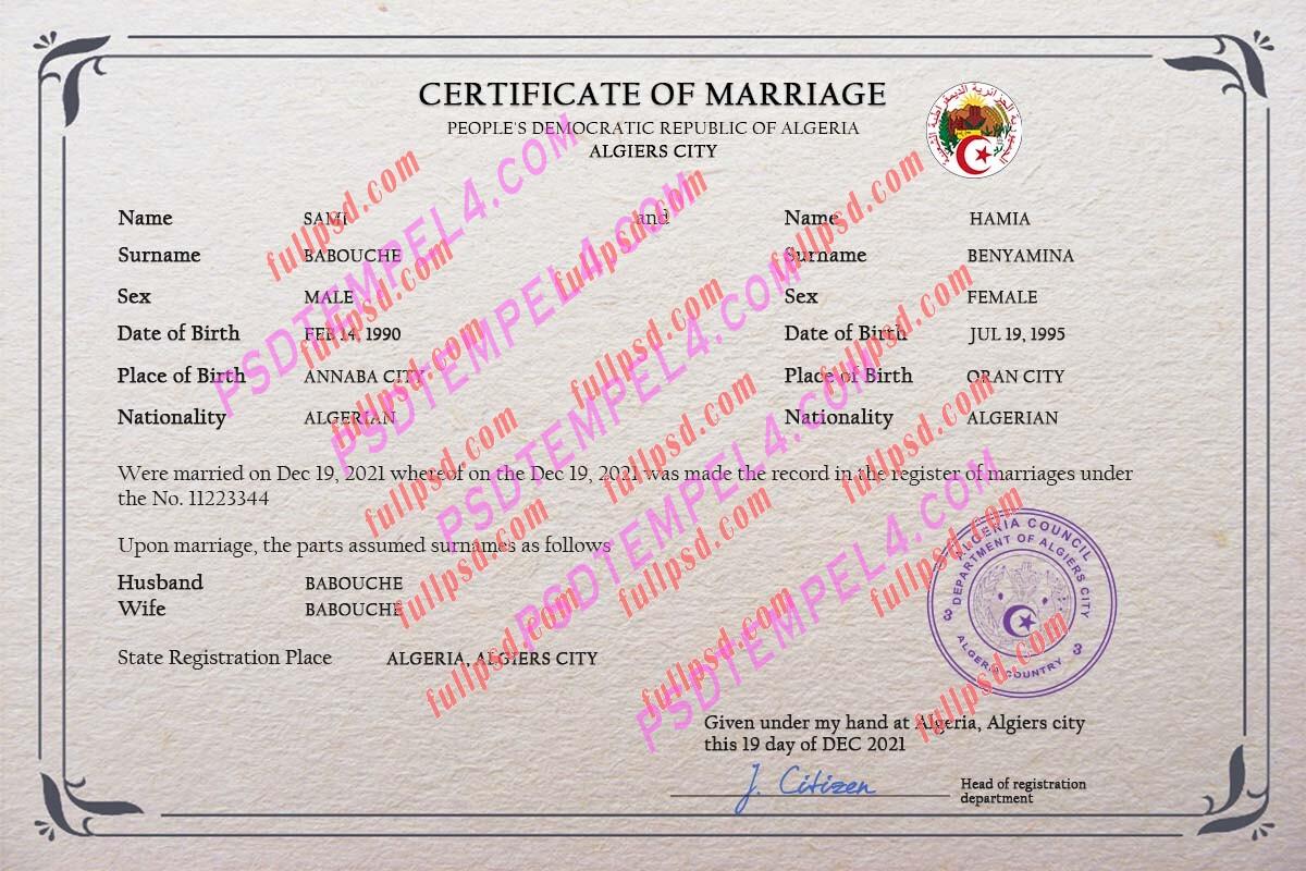 Algeria marriage certificate psd