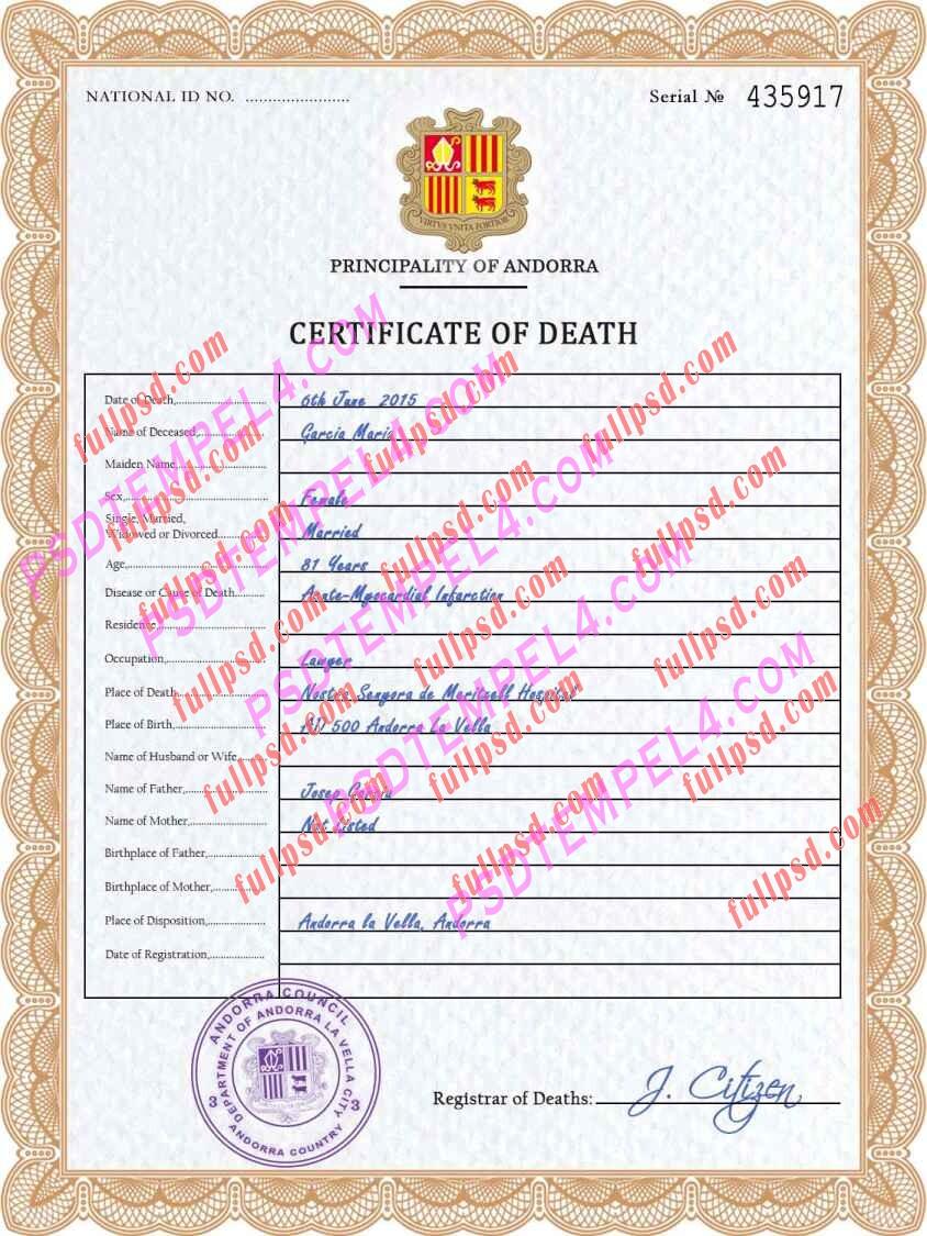 Andorra death certificate psd