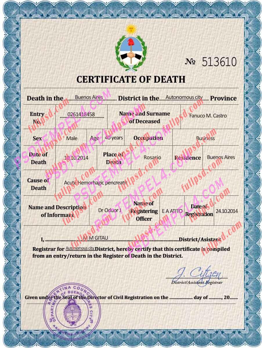 Argentina death certificate psd