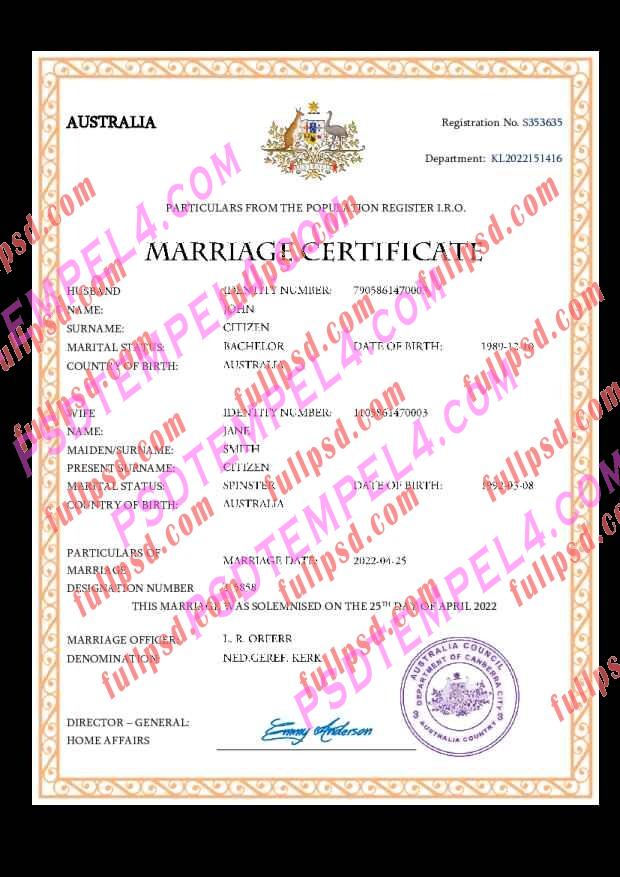 Australia marriage certificate pdf and word