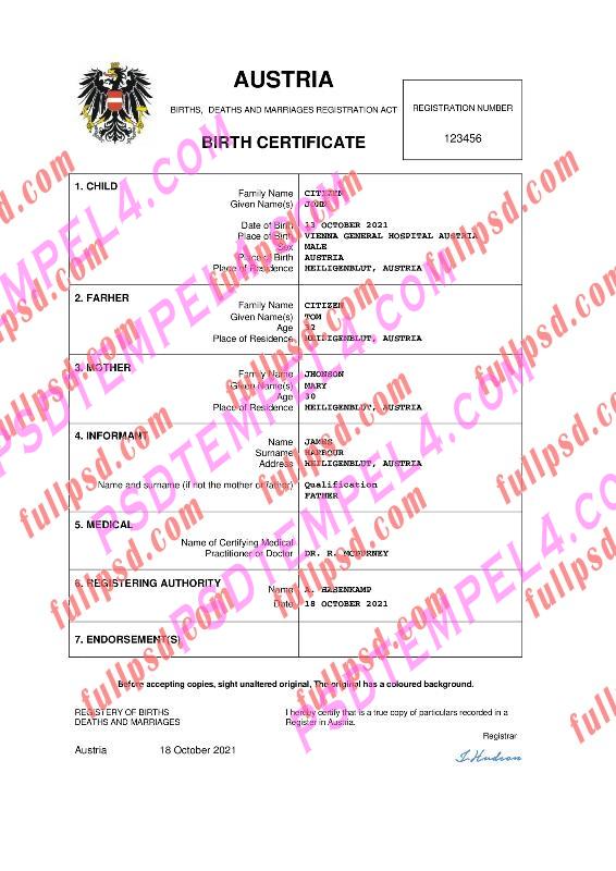 Austria Birth certificate pdf and word