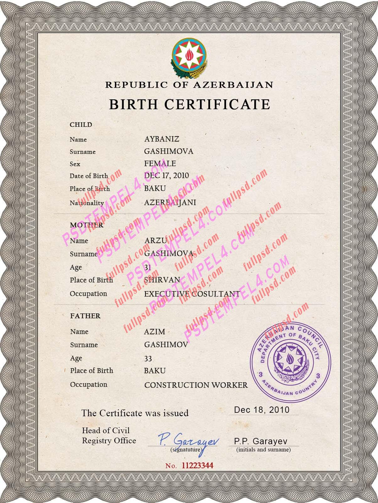 Azerbaijan Birth certificate PSD
