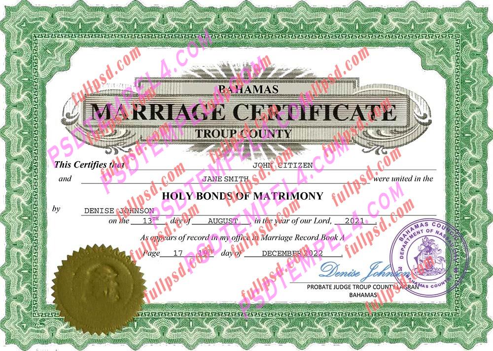 Bahamas marriage certificate pdf and word