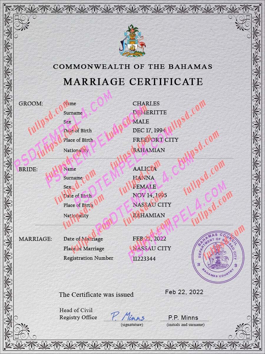 Bahamas marriage certificate psd