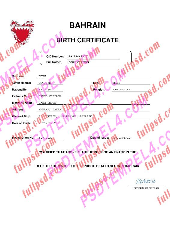 Bahrain Birth certificate pdf and word