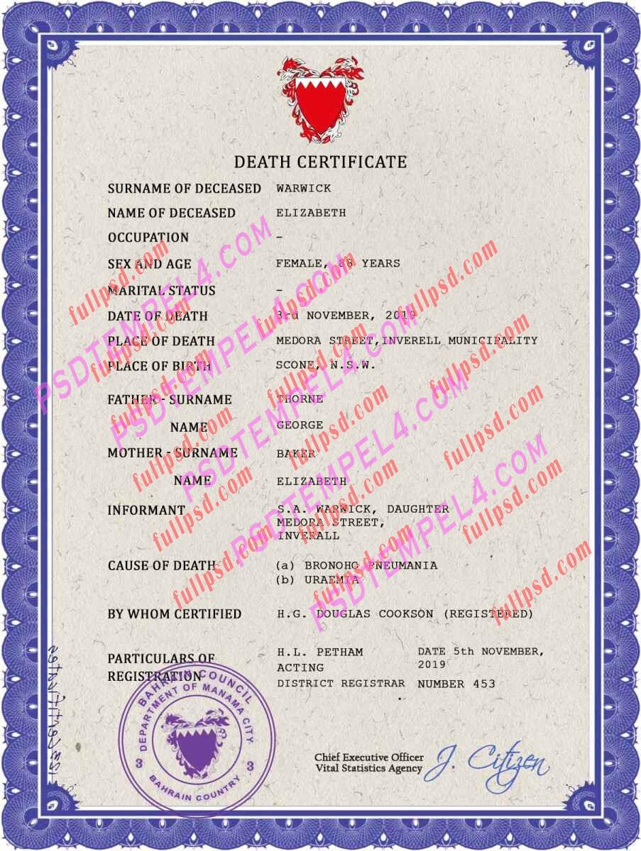 Bahrain death certificateifcate psd