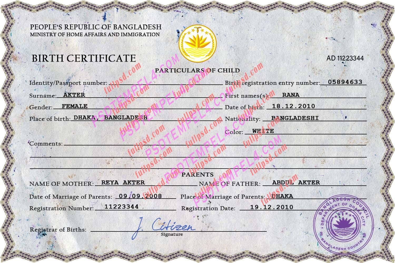 Bangladesh Birth certificate V2 PSD