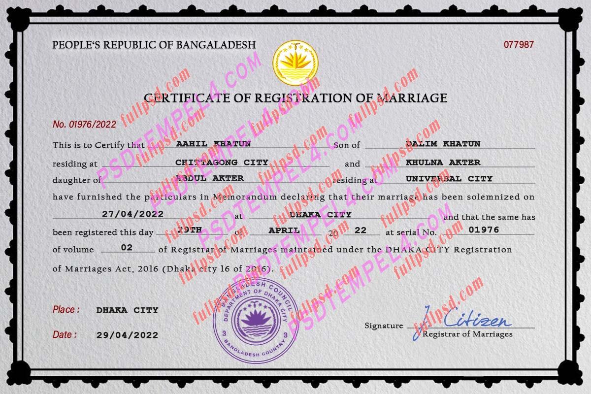 Bangladesh marriage certificate psd