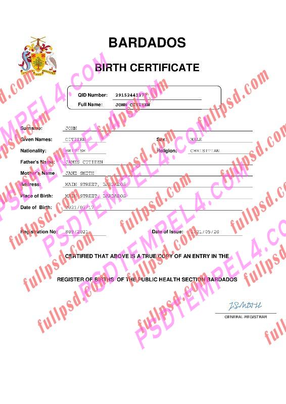 Barbados Birth certificate V2 pdf and word